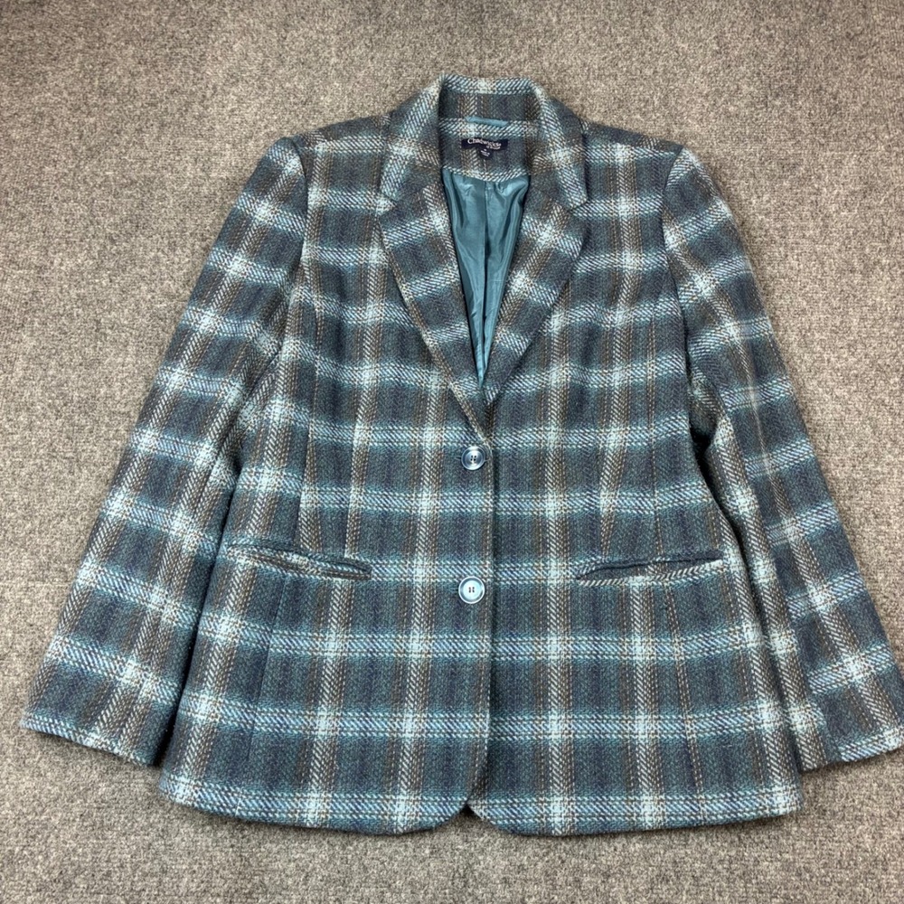 90s Chadwicks of Boston Blue Plaid Wool Blend Blazer Style Jacket Womens Size 14